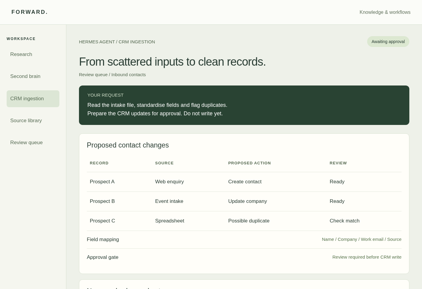 Illustrative CRM ingestion workspace showing proposed record changes awaiting review.